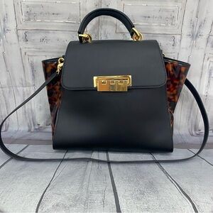 Zac Zac Posen Black Brown Leopard Top Handle Crossbody Attachable Strap Purse O